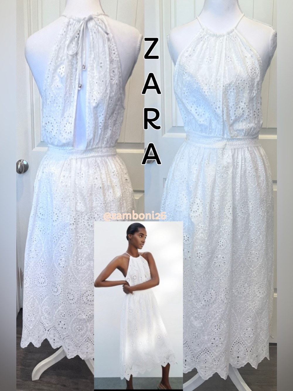 Zara Eyelet Halter Cotton Midi Dress Split Crossover Top Scalloped Hem Sz Small